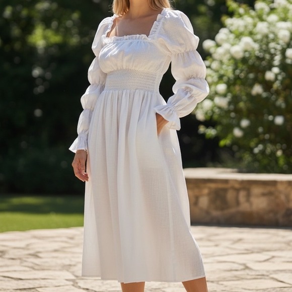 Sleeper Dresses | Nwt Sleeper Brand Michelin Midi Dress White Linen Long Puff Sleeve Smocked Small | Color: White | Size: S | Nelkat65's Closet